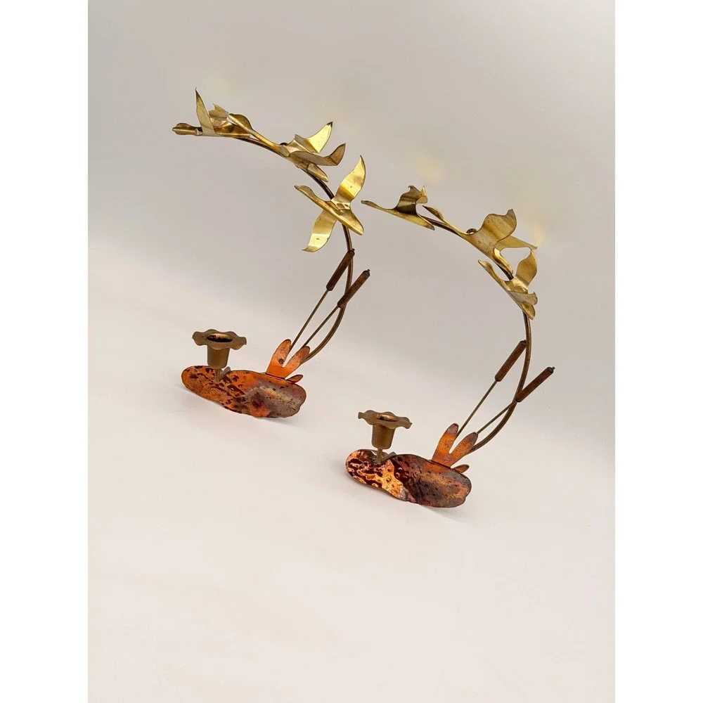 Vintage Brutalist Brass Copper Flying Geese Cattails Candle Holder Set Pair MCM